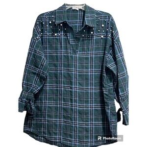Kontrol Contemporary Women's L Long Sleeve Shirt Embelleshed Plaid Collar V-neck